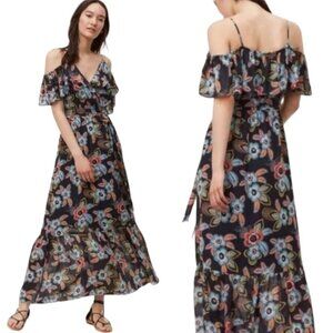 EUC Ann Taylor LOFT Muliticolor Floral Cold Shoulder Ruffle Maxi Dress
